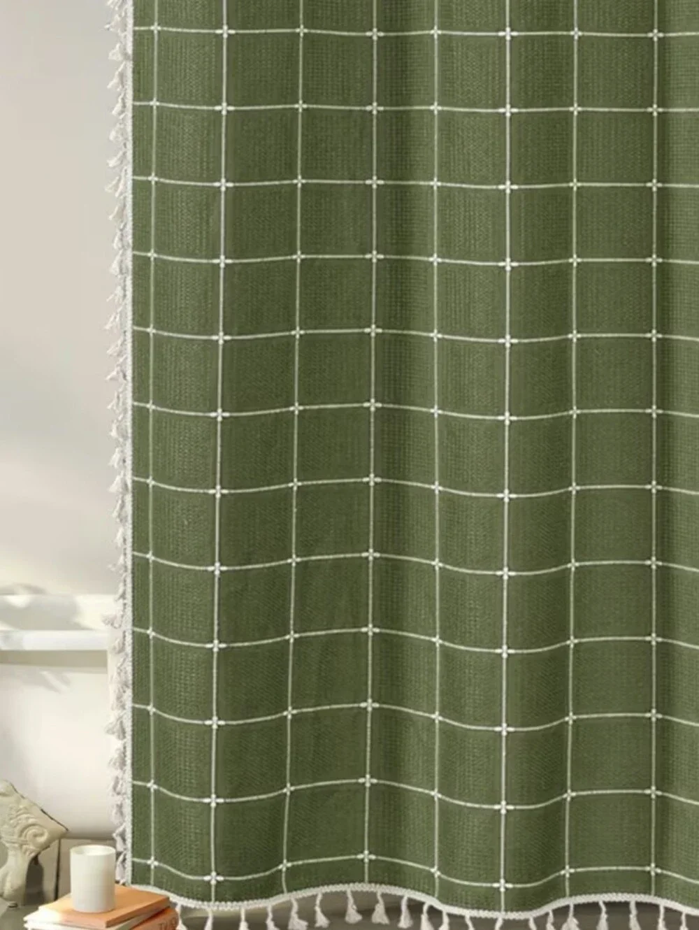 Olive Green Plaid Shower Curtain with Tassel Trim